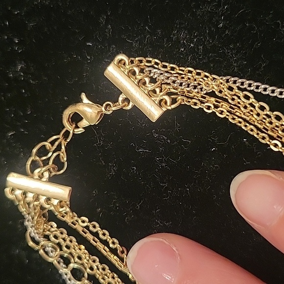 Gold Tone White Pearlized Round Shell Multi Chain Layered Necklace - Picture 4 of 4